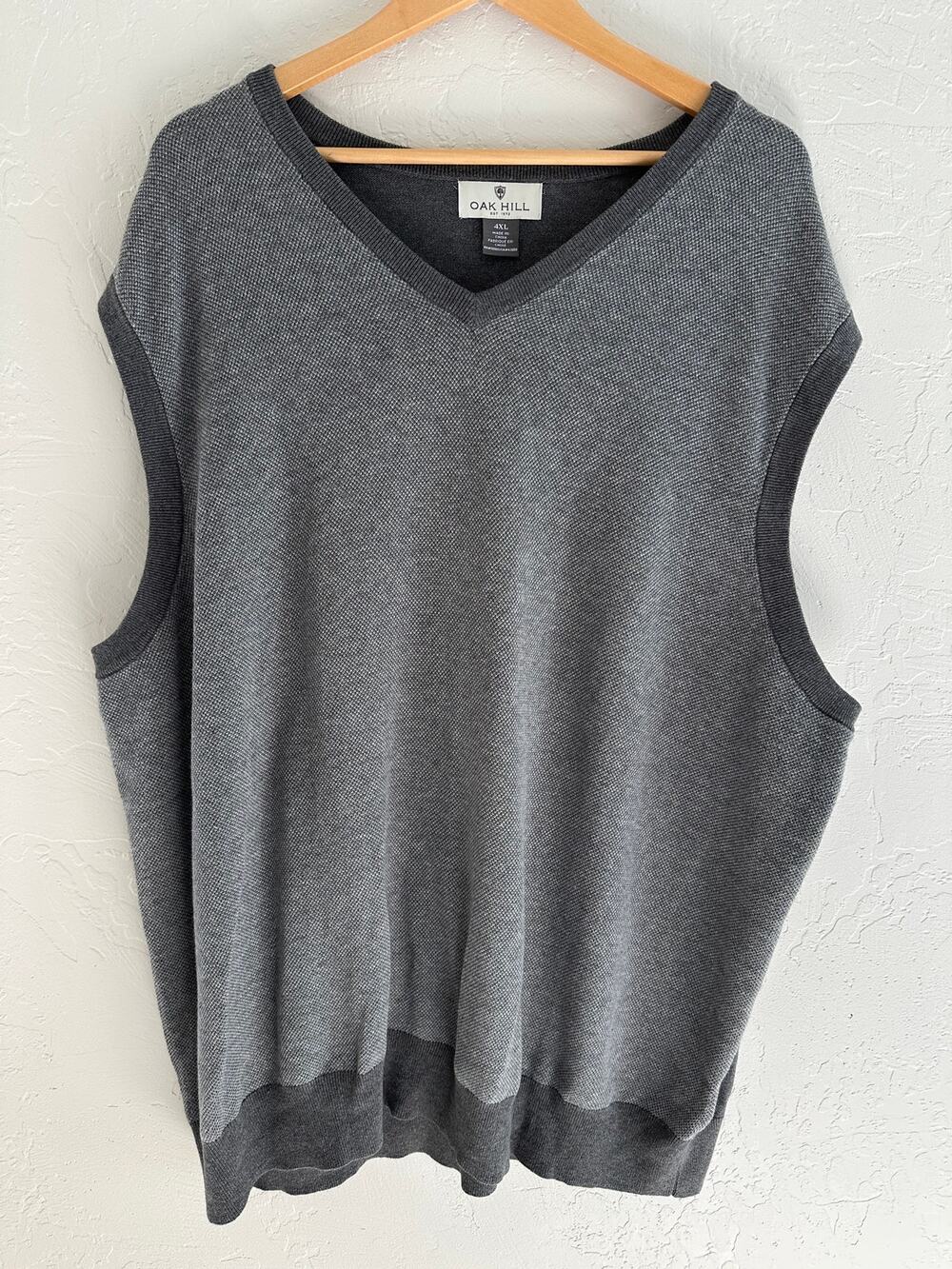 OAK HILL Mens 4XL Sweater Vest Charcoal Gray 100% Cotton V-neck Big & Tall